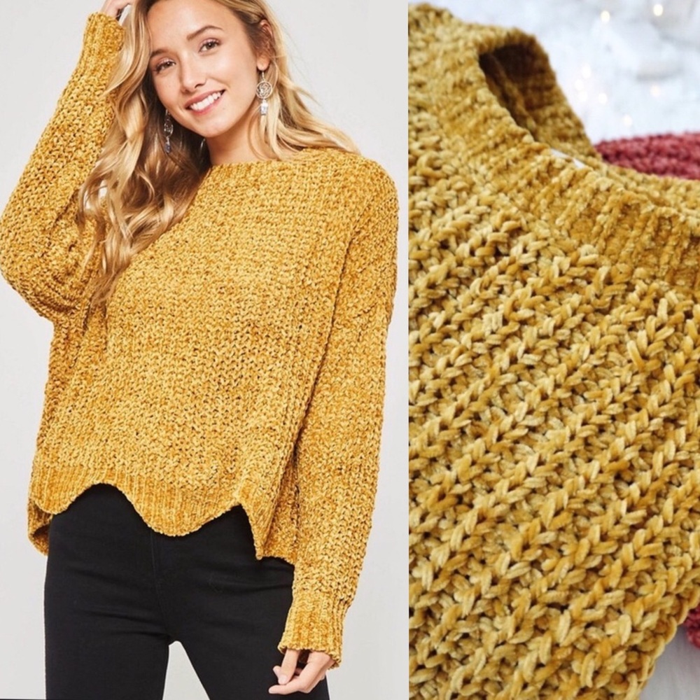Chenille Ochre Scalloped Loose Knit Sweater - Picture 3 of 8